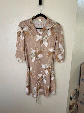 Vintage Mara Floral Short-Sleeve Beige Dress Polyester Blend Mini 3/4 Sleeve